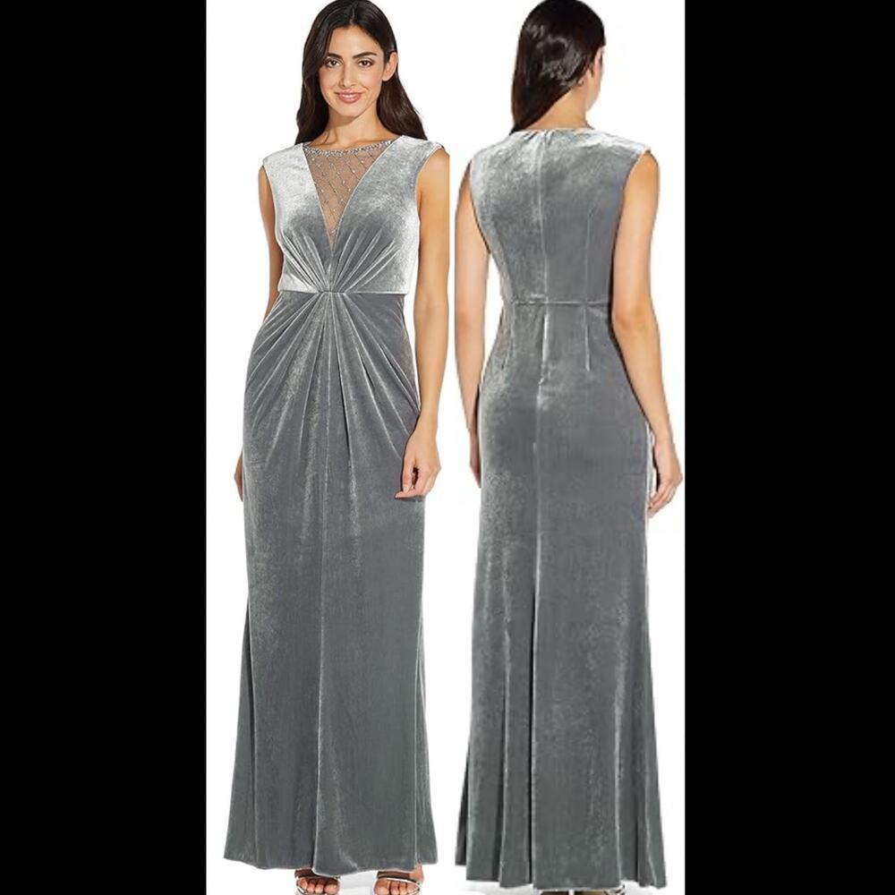 NEW Adrianna Papell Beaded Velvet mermaid gown in Silver